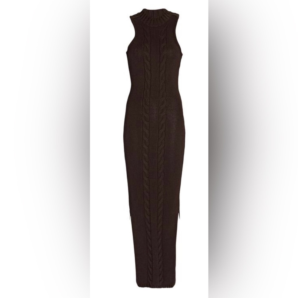Joslin Chocolate Brown Cable Knit Cotton Cashmere Sleeveless Midi Dress L
